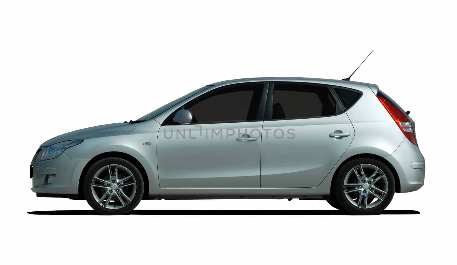 white hatchback on the white background side view