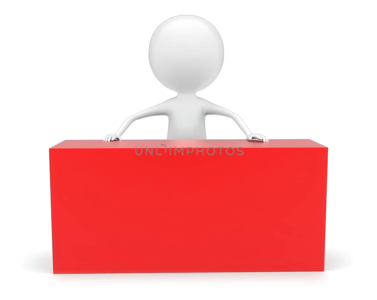 3d man presenting a box on table concept in white isolated background , front angle view