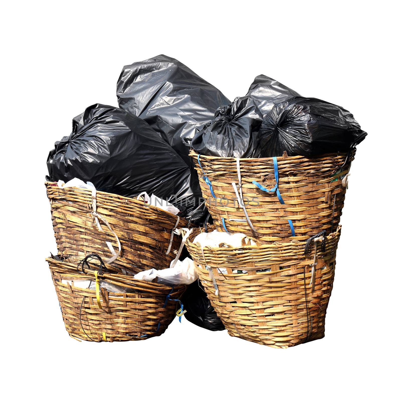 garbage is pile lots dump isolated white background, many garbage plastic bags black waste in basket bin, pollution from trash plastic waste garbage, bags bin of plastic waste, pile garbage waste bin