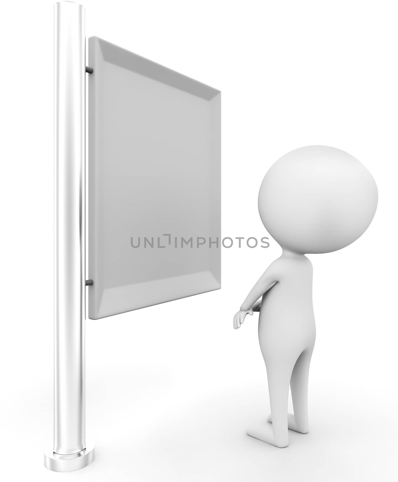 3d man looking forward a billboard concept in white isolated background , side angle view