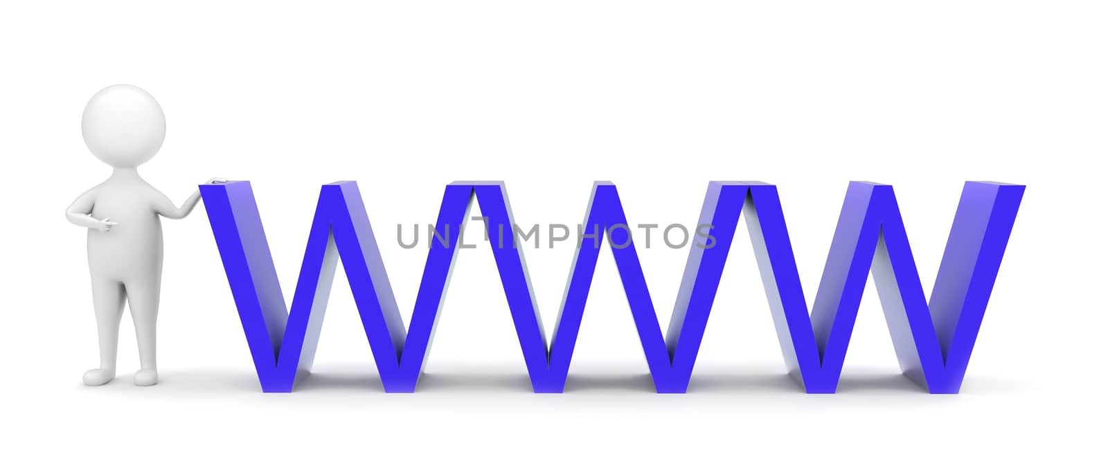 3d man presenting www text concept in white isolated background ,front angle view