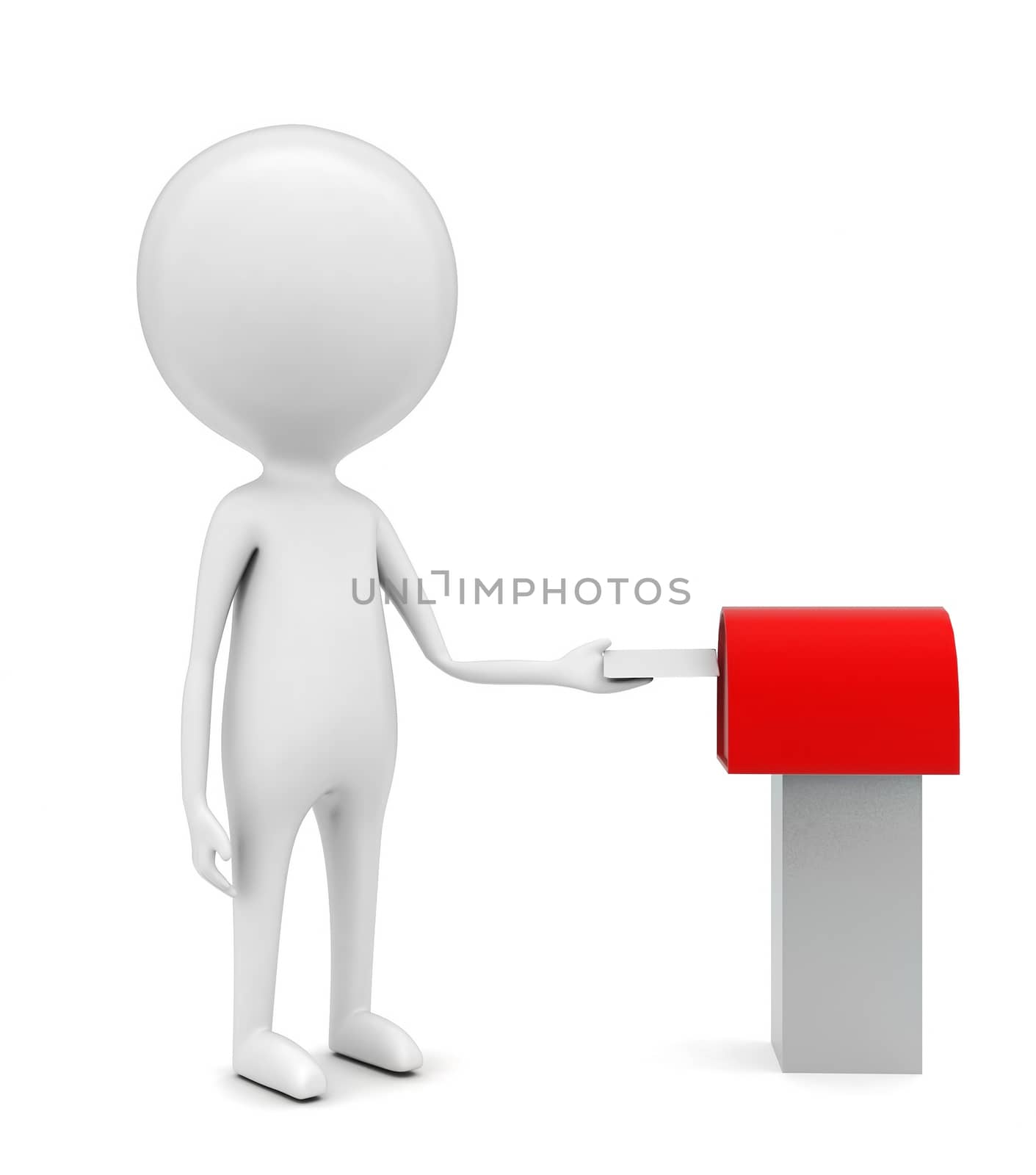 3d man putting letter inside a letter box concept in white isolated background - 3d rendering , side angle view