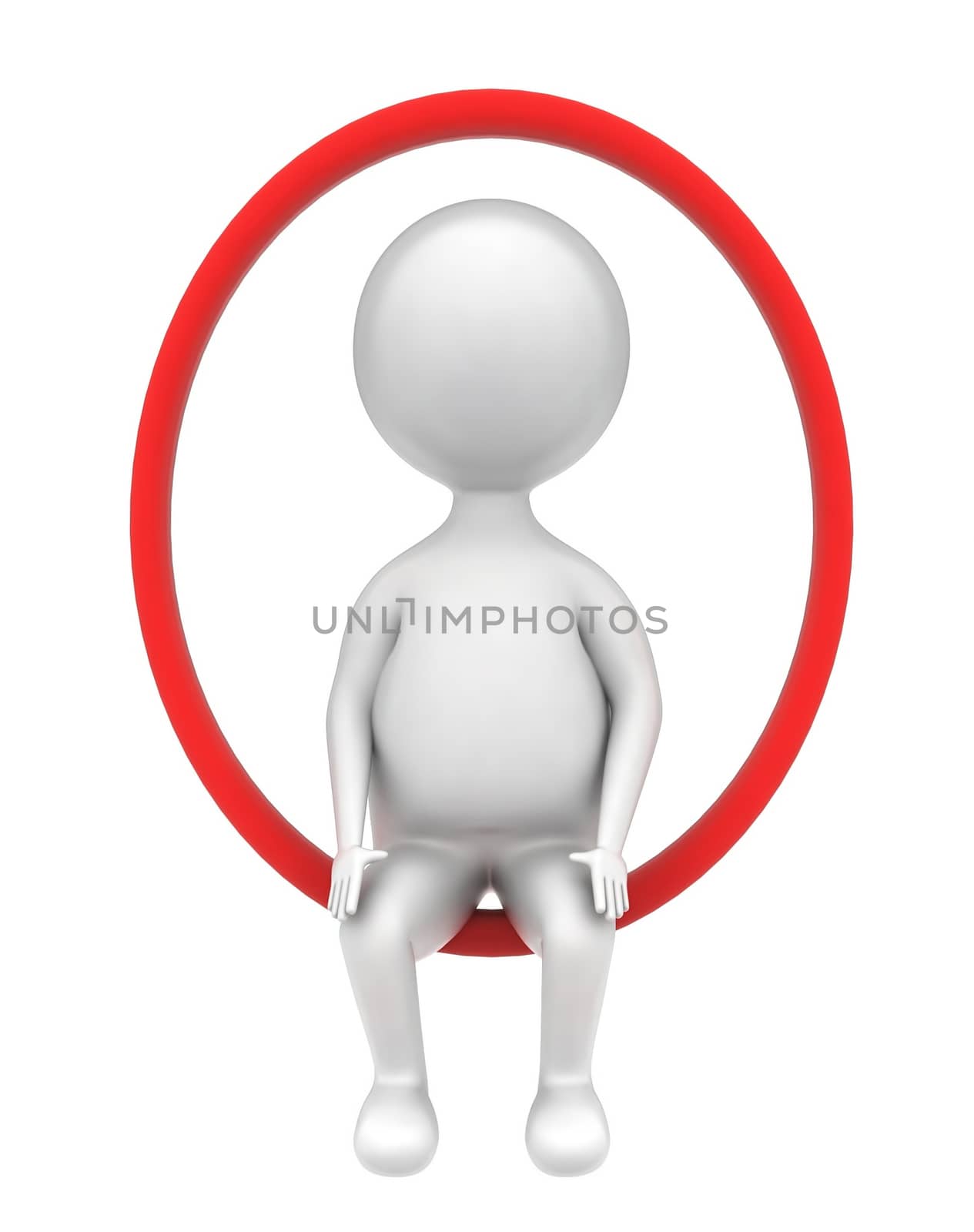 3d man sitting in a circlar ring concept in white isolated background - 3d rendering , front angle view
