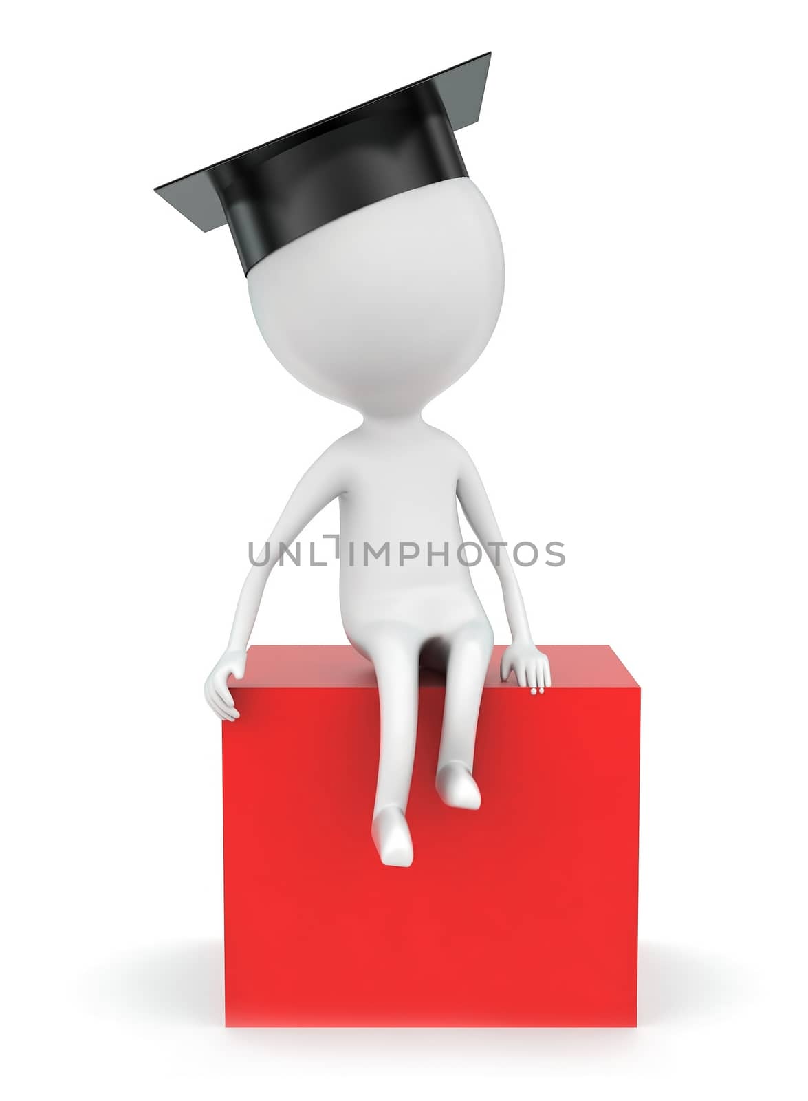 3d man wearing graduate cap sitting over box concept by qualityrender