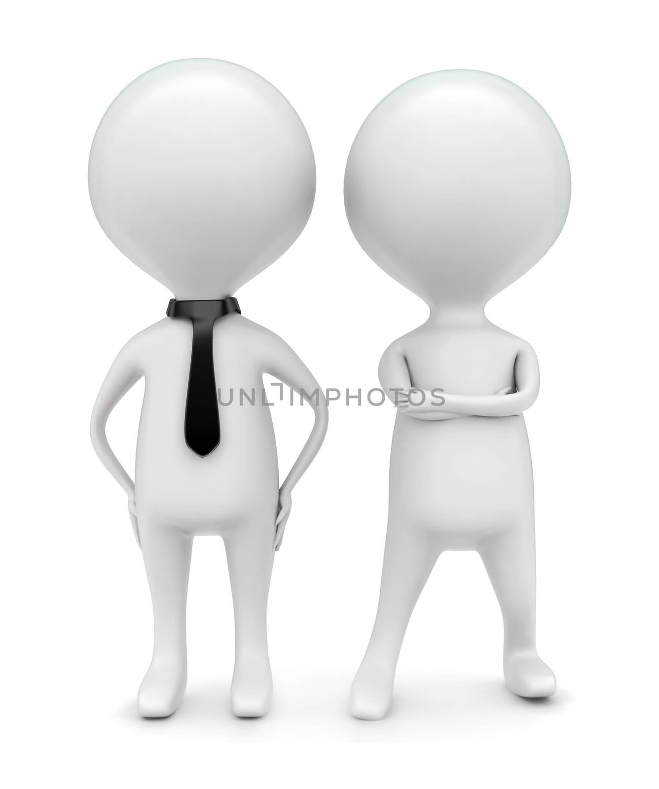 3d men with and without tie concept in white isolated background - 3d rendering , front angle view