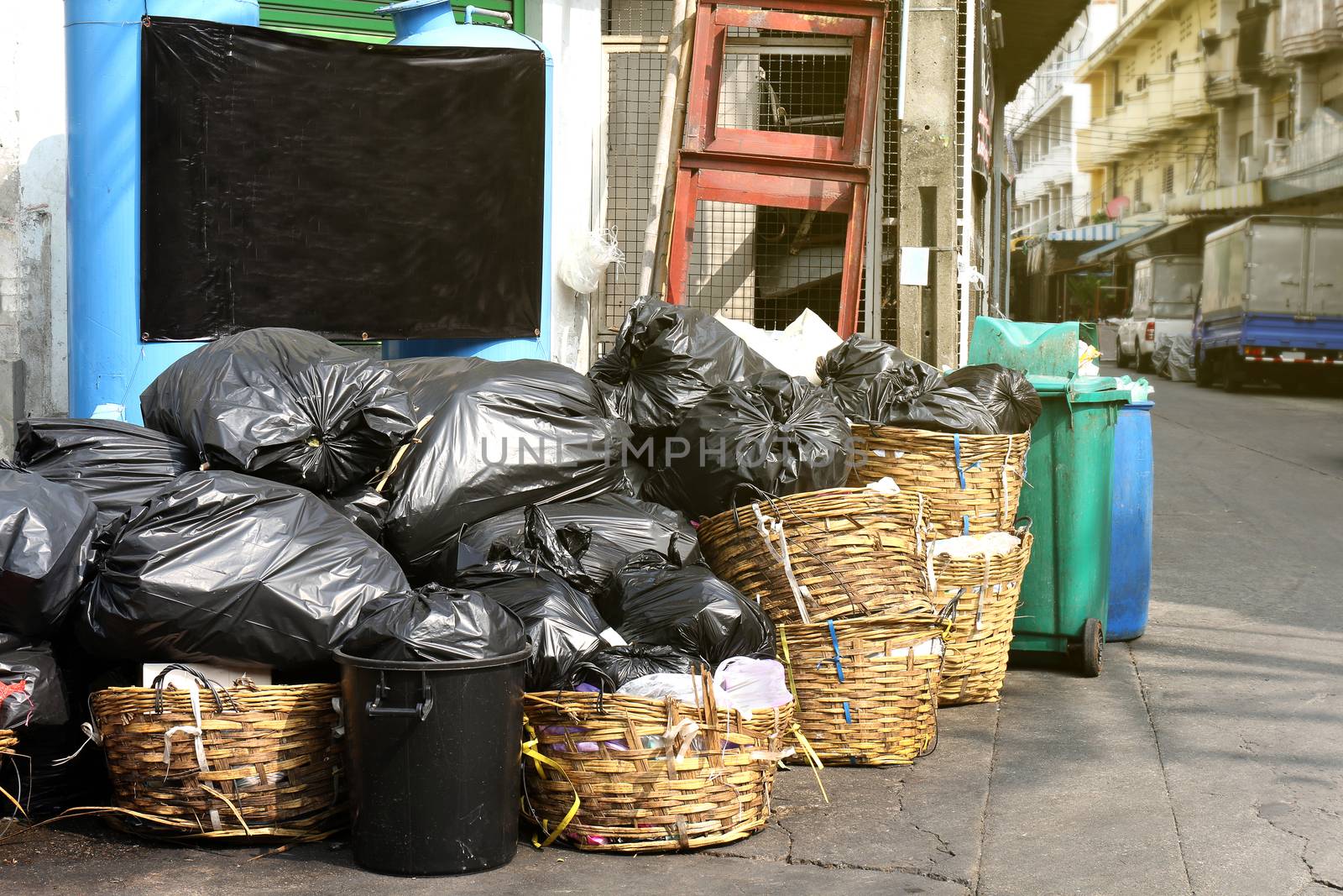 garbage is pile lots dump, many garbage plastic bags black waste at walkway community village, pollution from trash plastic waste garbage, bags bin of plastic waste, pile garbage waste, lots junk dump