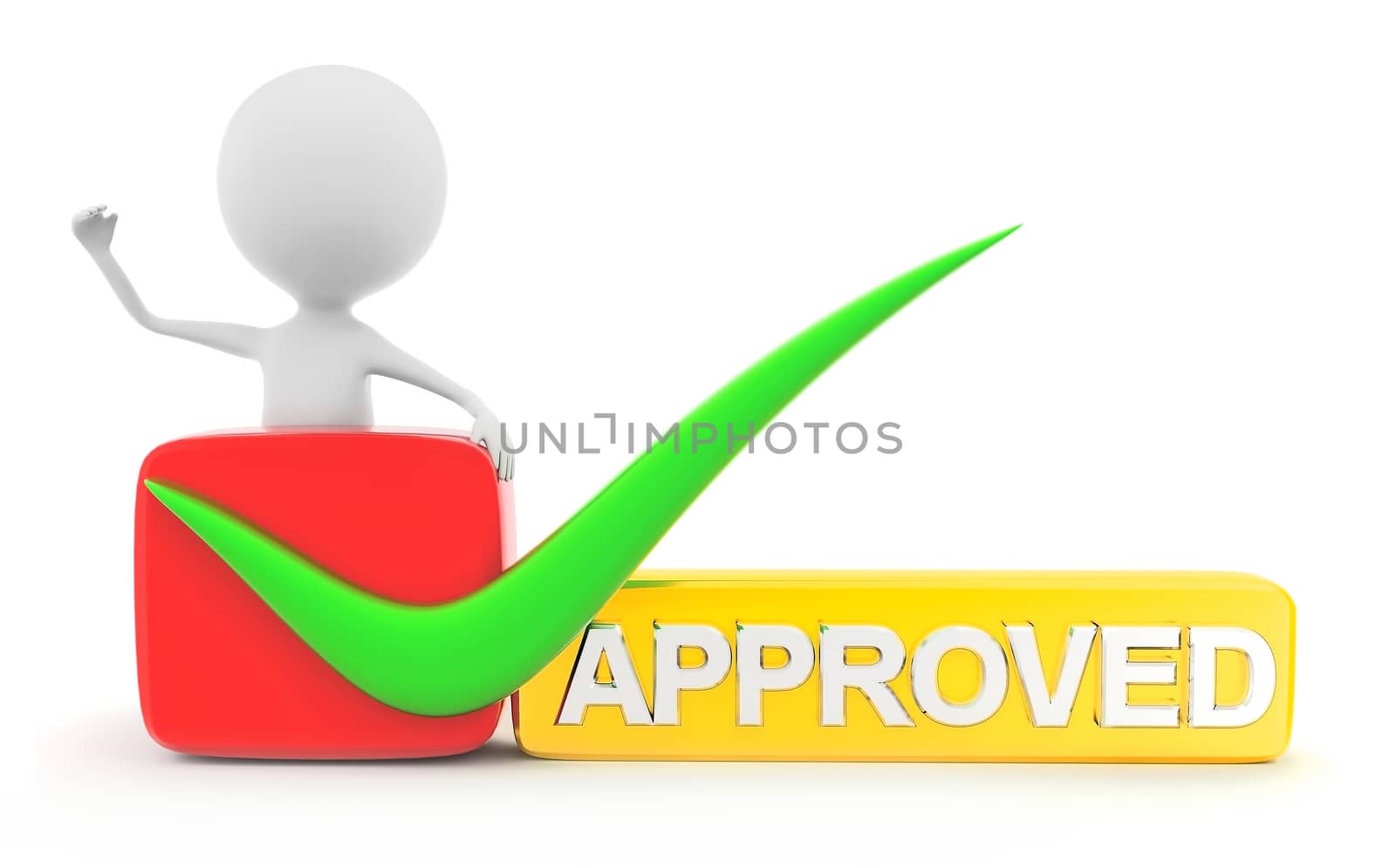 3d man approved concept in white background, front angle view
