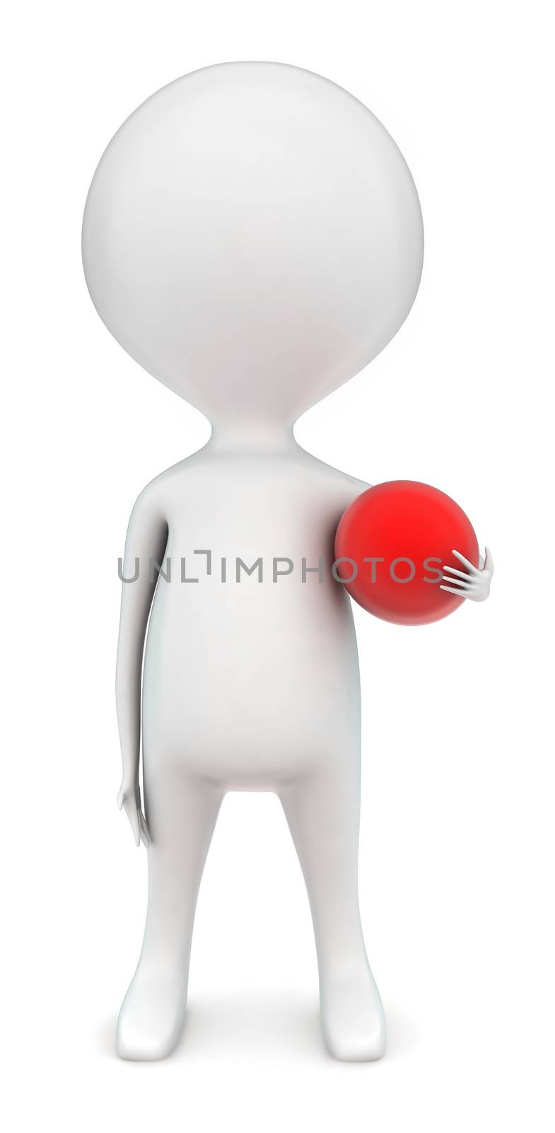 3d man holding red ball concept in white isolated background - 3d rendering , front angle view