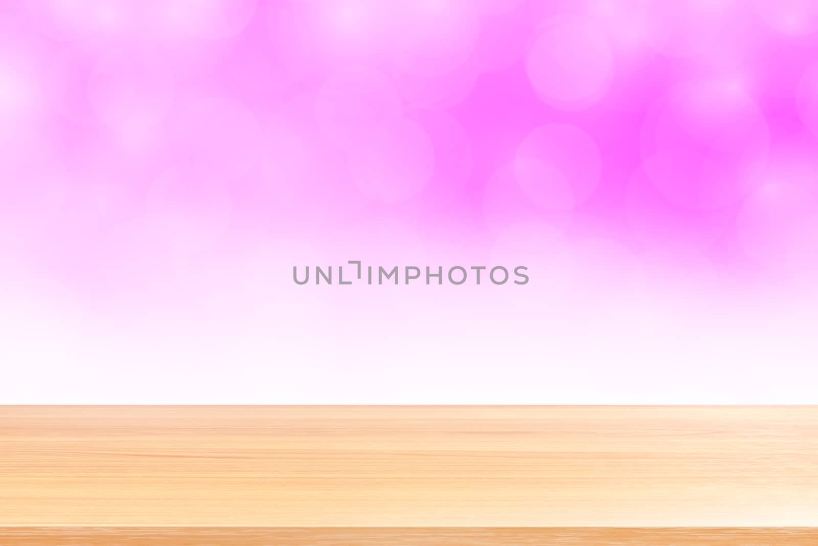 empty wood table floors on blurred bokeh soft pink white gradient background, wooden plank empty on pink bokeh colorful light shade, colorful bokeh lights gradient soft for banner advertising products