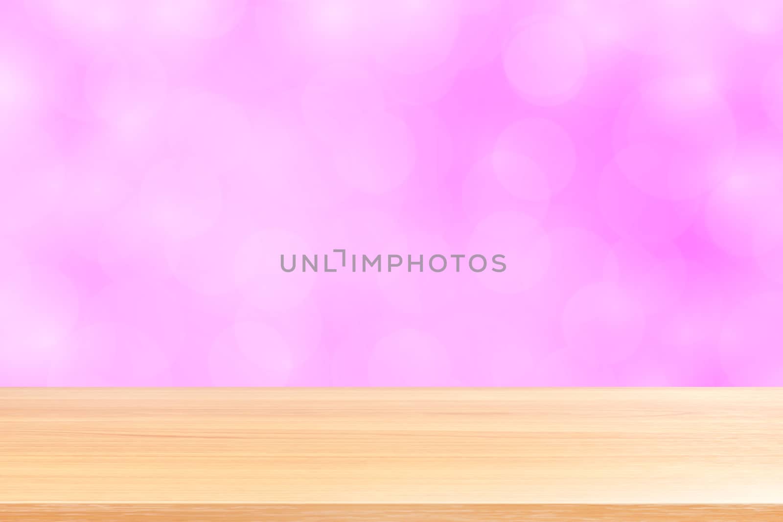 empty wood table floors on blurred bokeh soft pink gradient background, wooden plank empty on pink bokeh colorful light shade, colorful bokeh lights gradient soft for banner advertising products