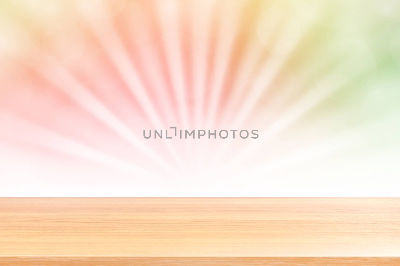 empty wood table floor on soft pink bokeh lights beam shine gradient background, wooden plank empty on green pink bokeh colorful light shine, colorful bokeh lights gradient soft for banner advertising