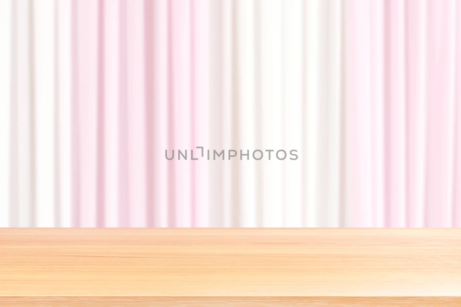 empty wood table floors on blurred fabric wedding backdrop light pink and white curtain, wood table board empty front fabric pink white soft wedding background, wooden plank on fabric backdrop wedding