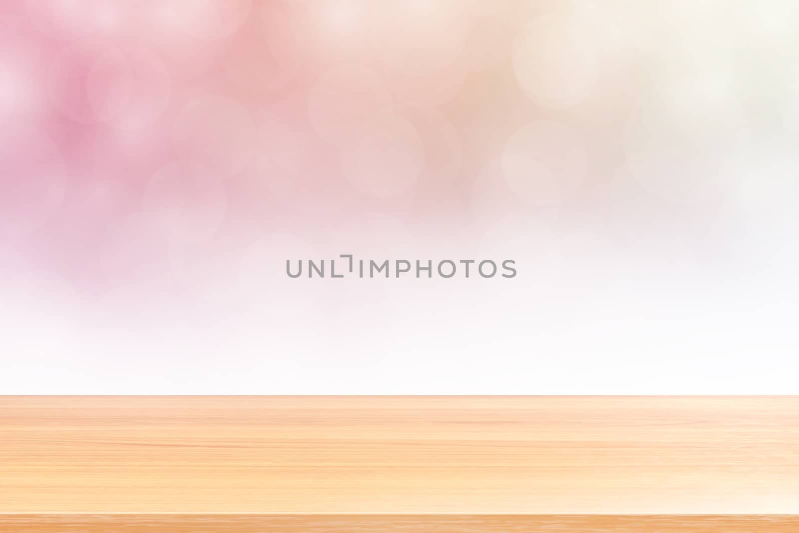 empty wood table floors on blurred bokeh soft pink gradient background, wooden plank empty on pink bokeh colorful light shade, colorful bokeh lights gradient soft for banner advertising products