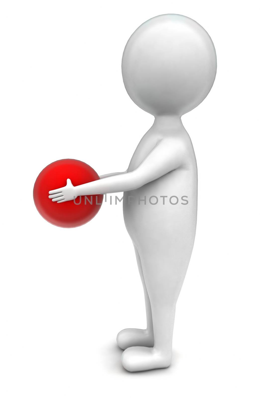 3d man holding red ball in hand concept in white isolated background - 3d rendering , side angle view