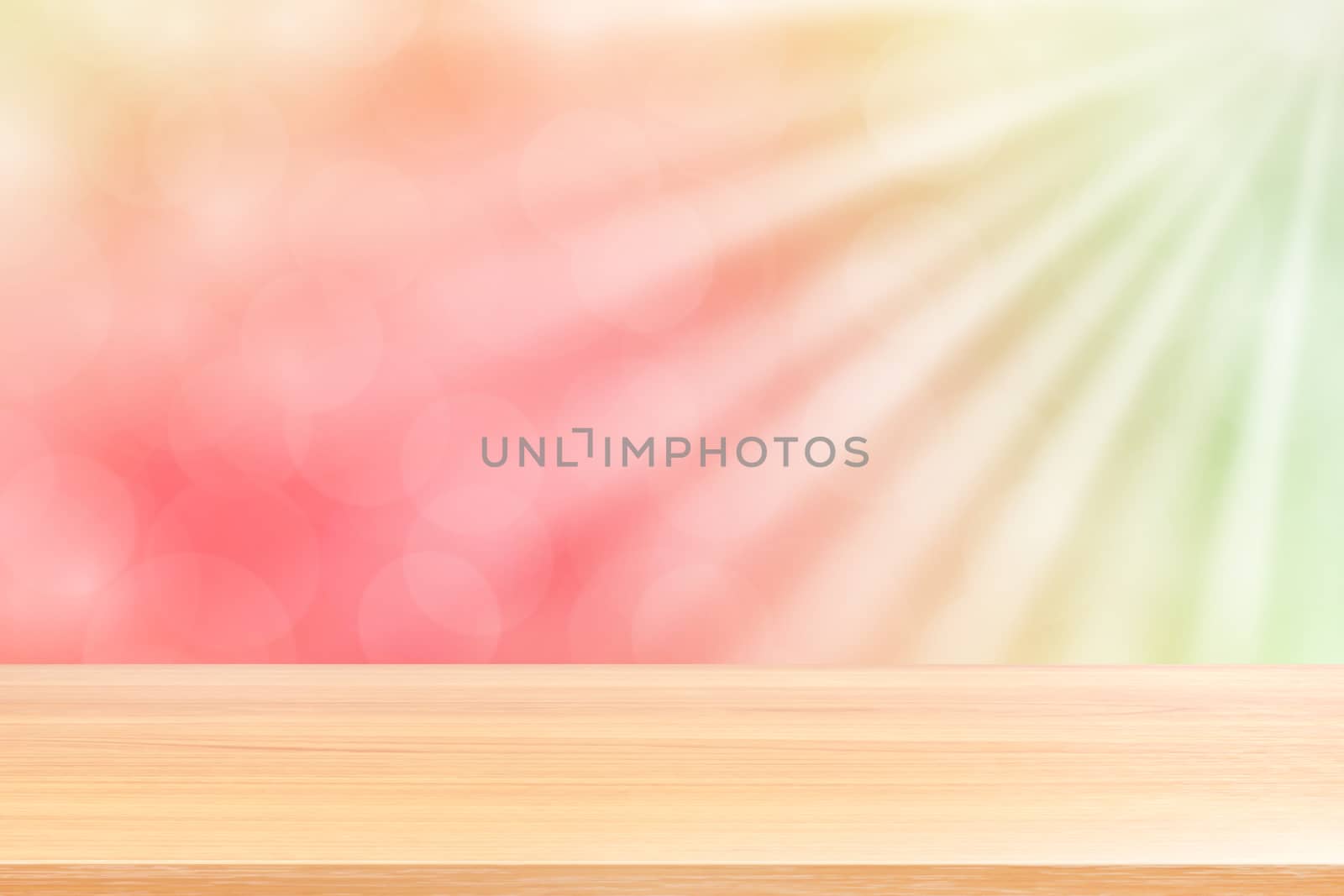 empty wood table floor on soft pink bokeh lights beam shine gradient background, wooden plank empty on green pink bokeh colorful light shine, colorful bokeh lights gradient soft for banner advertising