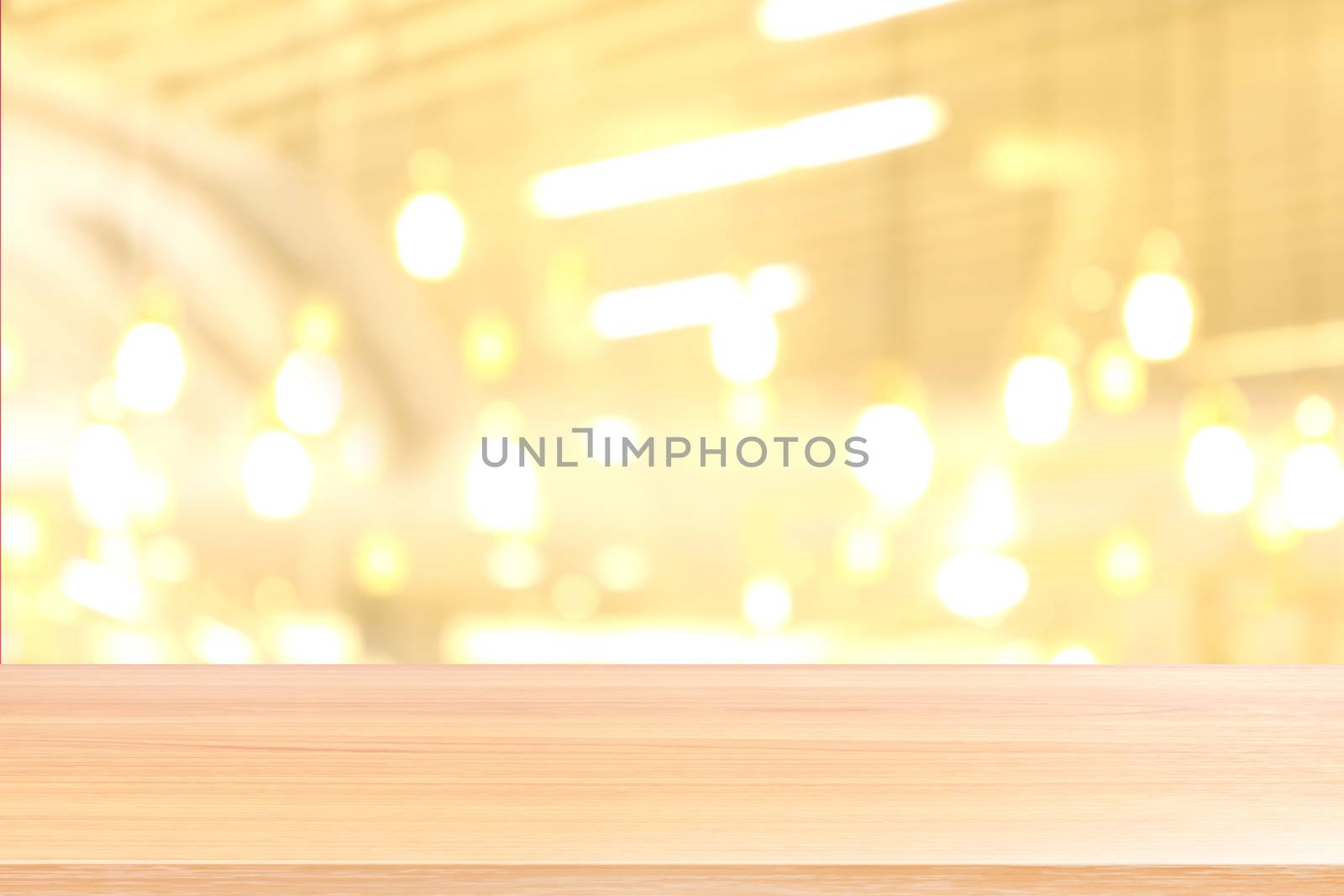 wood table board empty in front gold bokeh lighting mall interior blurred, wooden plank blank on golden bokeh light interior department store luxurious background, perspective brown wood table front