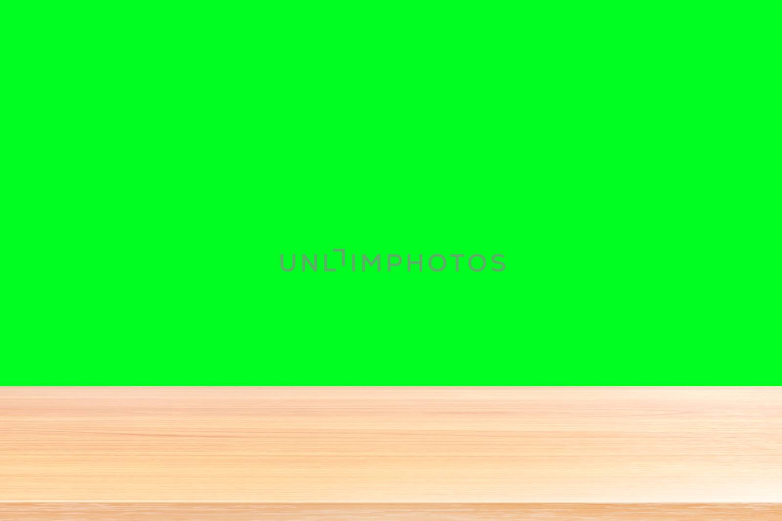 wood floors and green screen background, wood table board empty in front isolated green screen, wooden plank blank on green screen with perspective brown wood table for mock up display products
