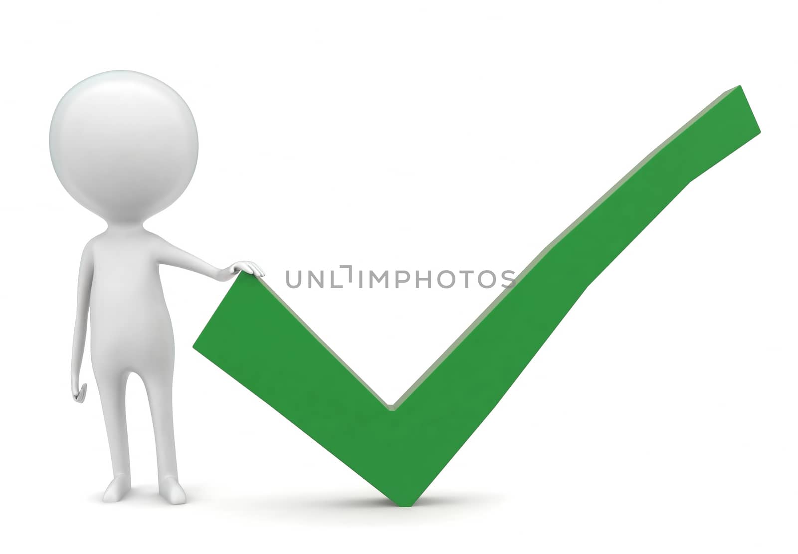 3d man presenting green tick concept in white isolated background - 3d rendering , front angle view