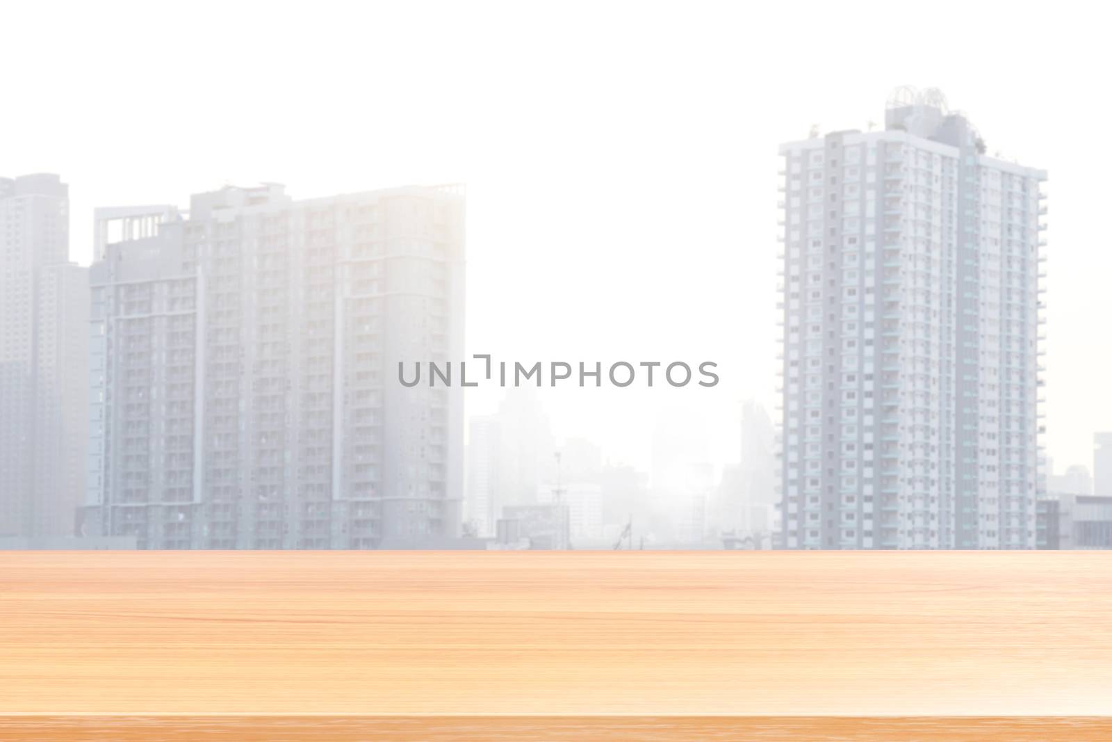 wood plank on blurred city background, empty wood table floors on building and city landscape soft background, wood table board empty front urban landscape background soft