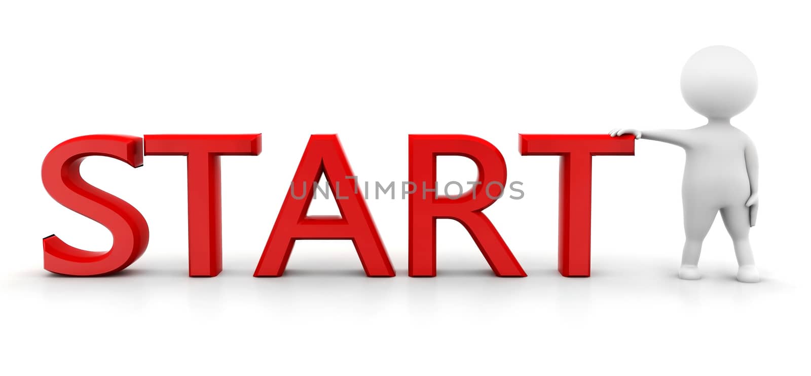 3d man presenting "start" text concept on white background , front angle view
