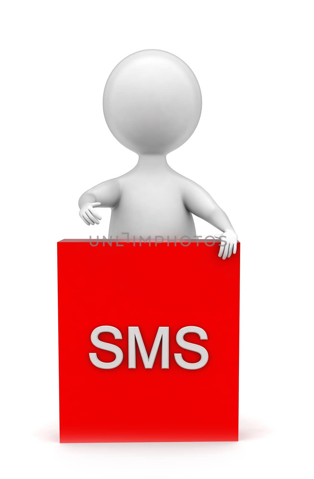 3d man presenting sms banner concept in white isolated background - 3d rendering , front angle view