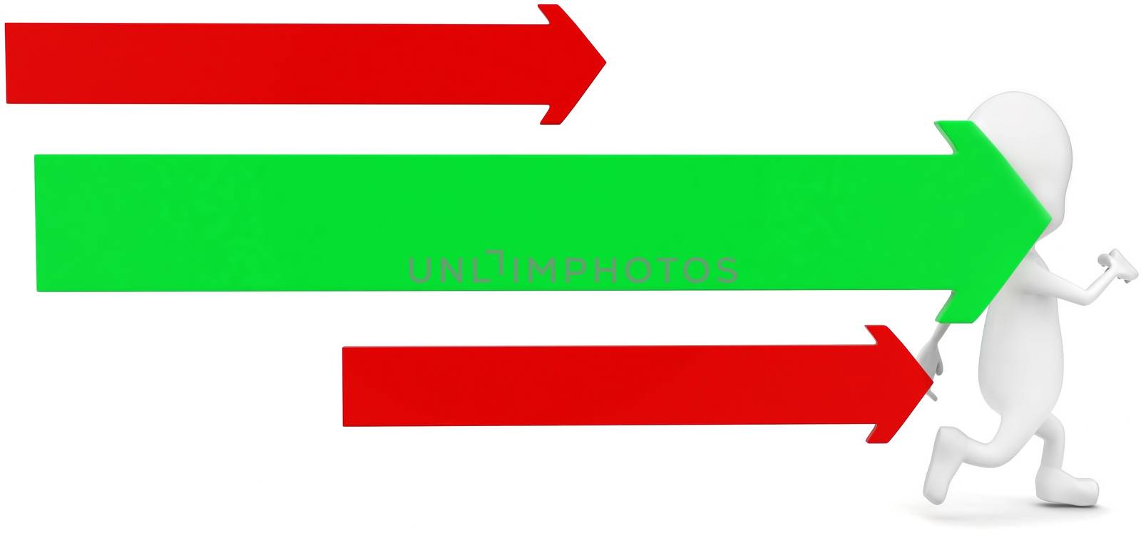 3d man running with green and red forward arrows concept in white isolated background , side angle view