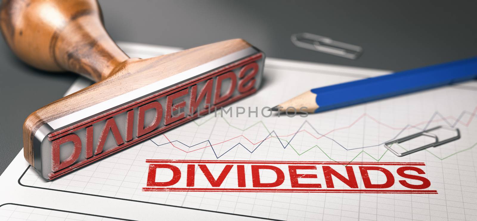 Rubber stamp with the word dividend printed over a stock chart.  Concept of investment. 3d illustration.
