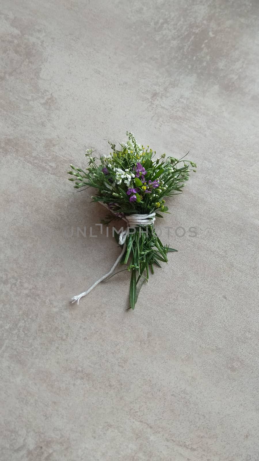 Festive wild flowers composition on the grey background. Overhead view.