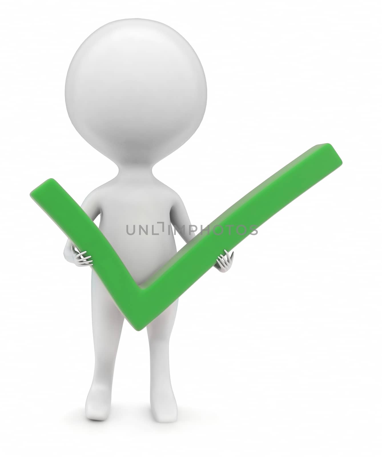 3d man holding green tick in hand concept in white isolated background - 3d rendering , front angle view