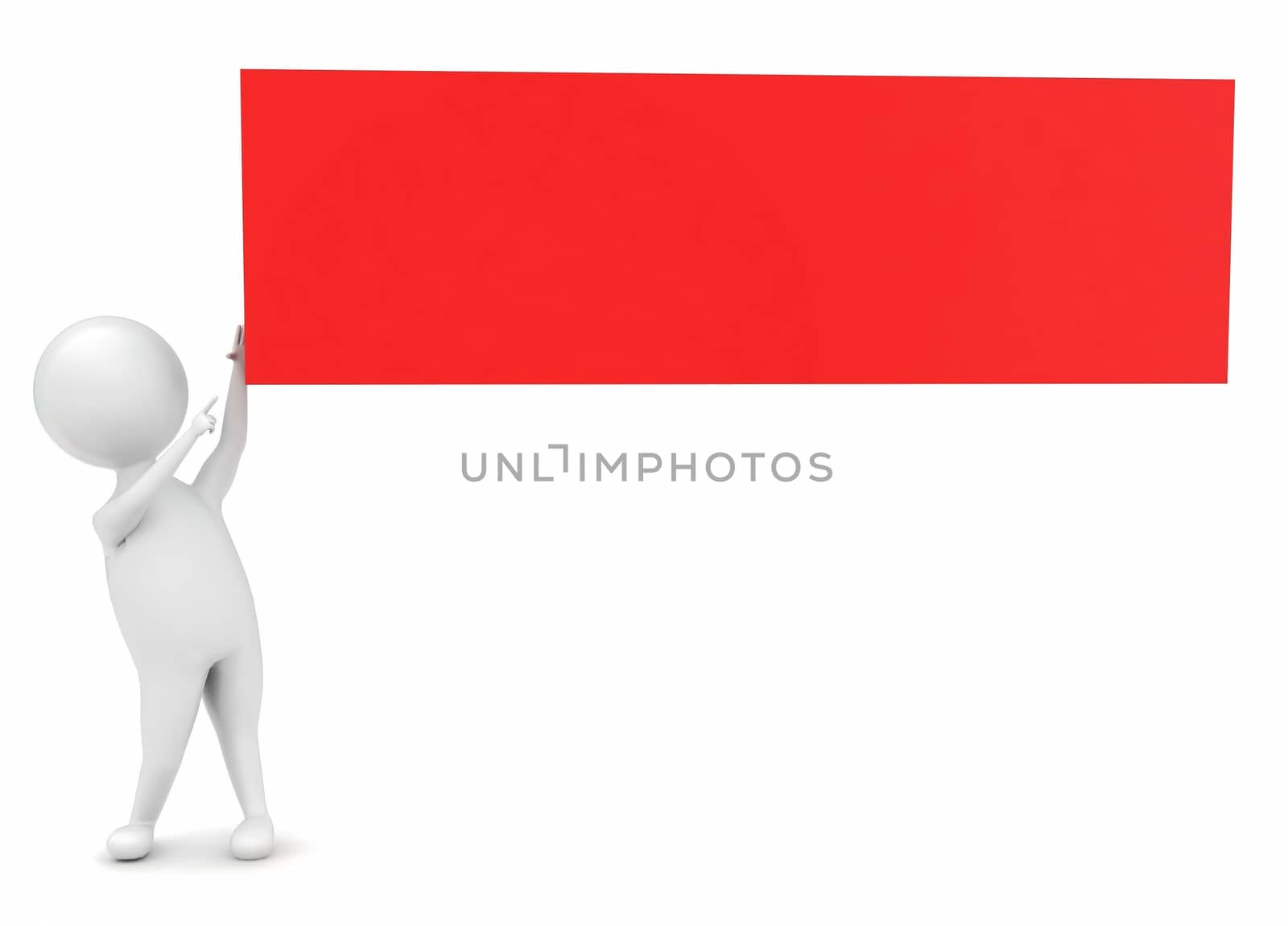 3d man pointing towards red rectangular box concept in white isolated background , front angle view