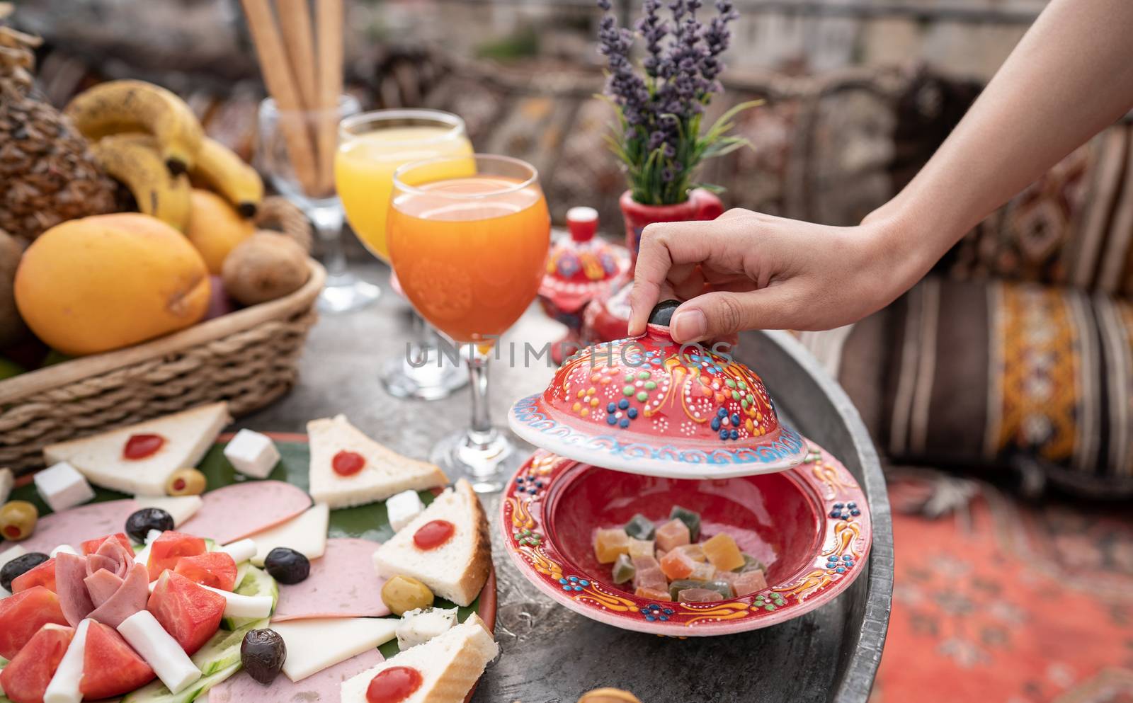 Breakfast with great landscape on rooftop of cave house in Goreme city, Cappadocia Turkey.