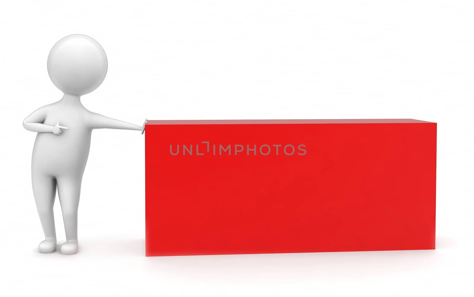 3d man presenting red box concept in white isolated background - 3d rendering , front angle view