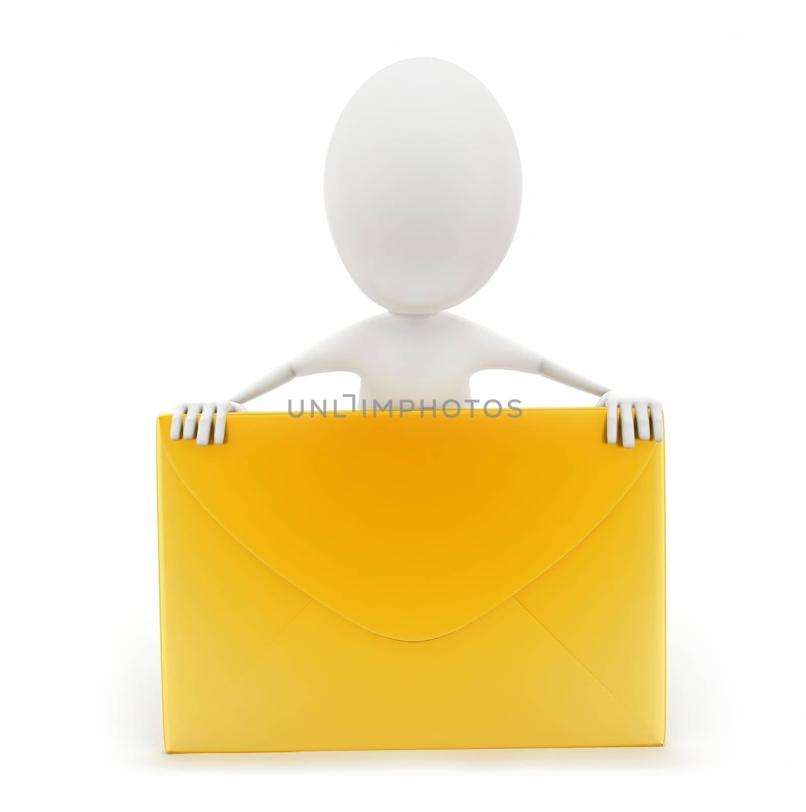 3d man presenting a mail- letter concept in white isolated background , front angle view