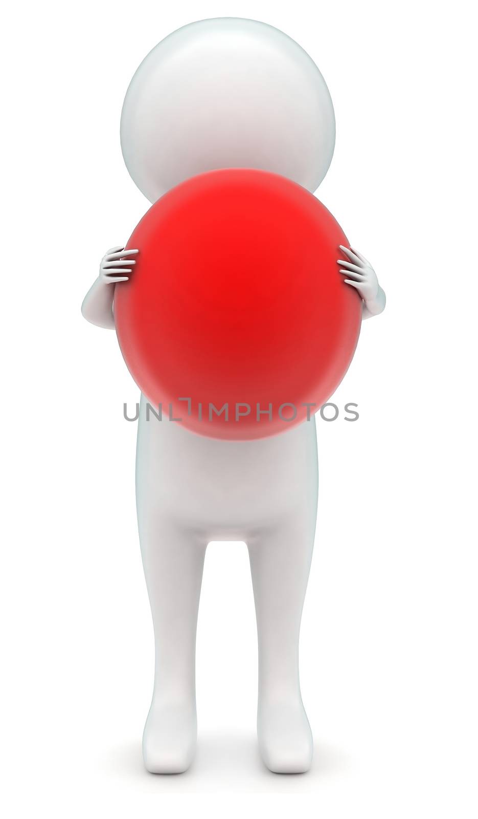 3d man holding a red ball in hands concept in white isolated background - 3d rendering , front angle view