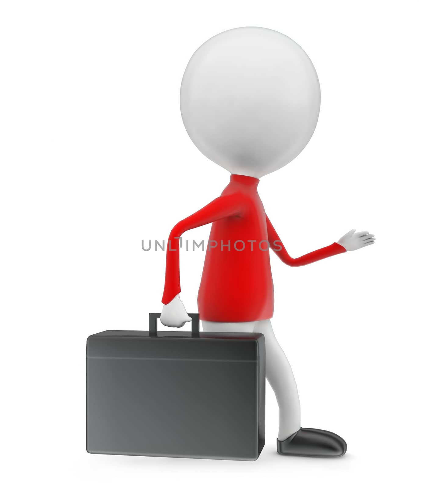 3d man running with briefcase in hands concept in white isolated background , side angle view