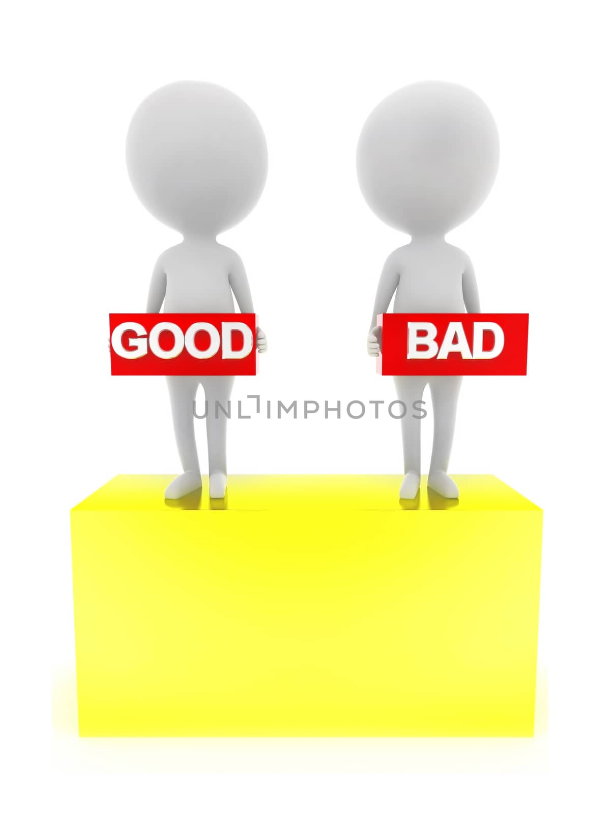3d man presenting good bad concept in white background, front angle view