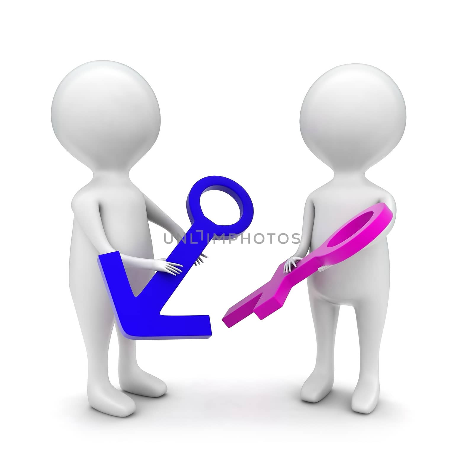 3d men holding a female and male sign in hands concept in white isolated background - 3d rendering , front angle view