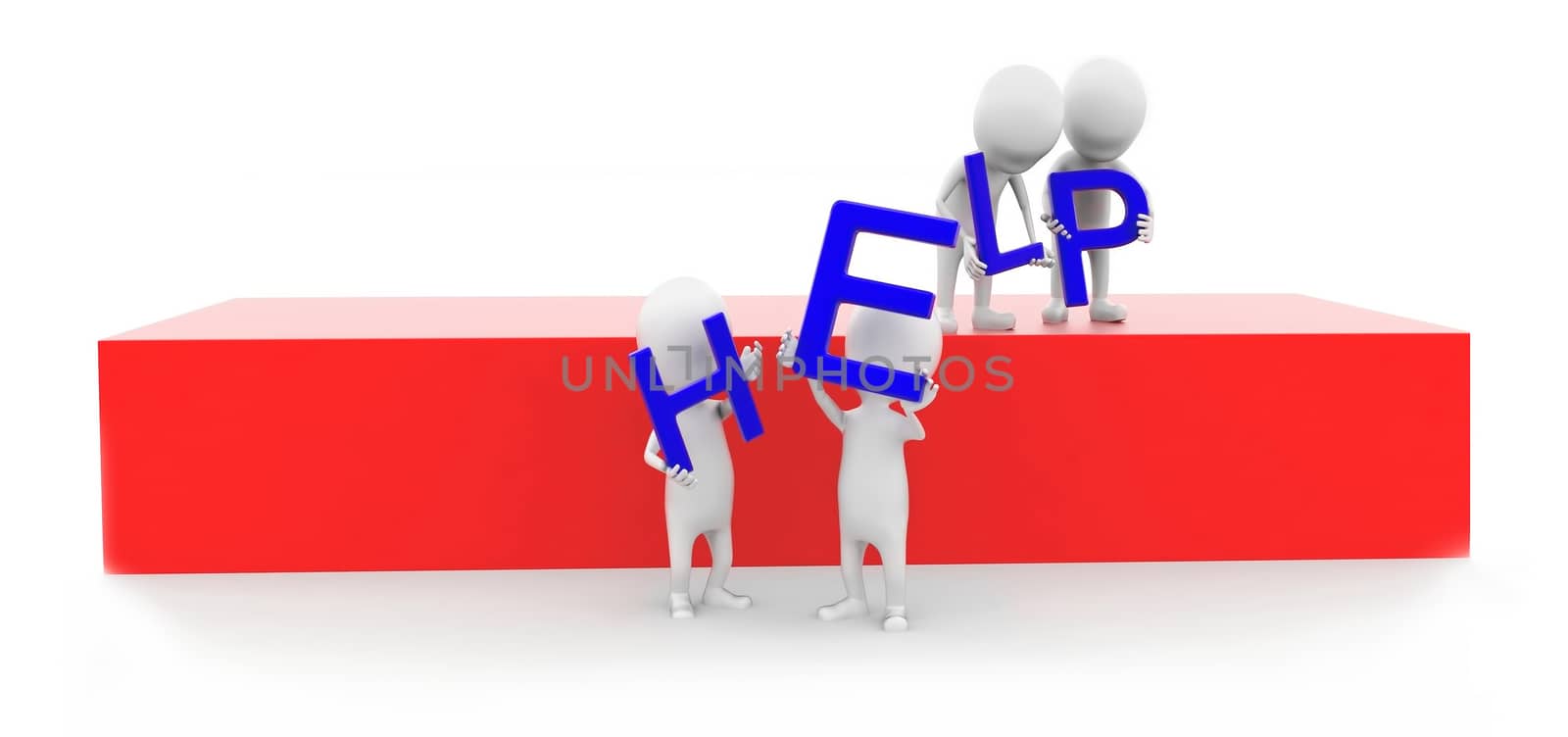 3d group of men helping to move help text concept in white isolated background , front angle view