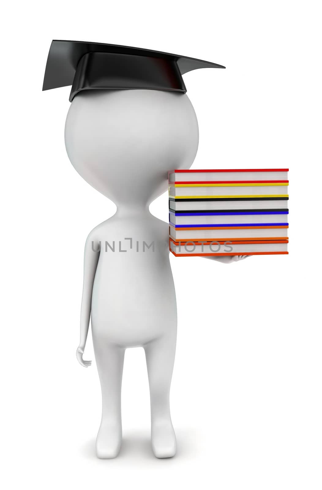3d man wearing graduate cap and holding books in hand concept in white isolated background - 3d rendering , front angle view