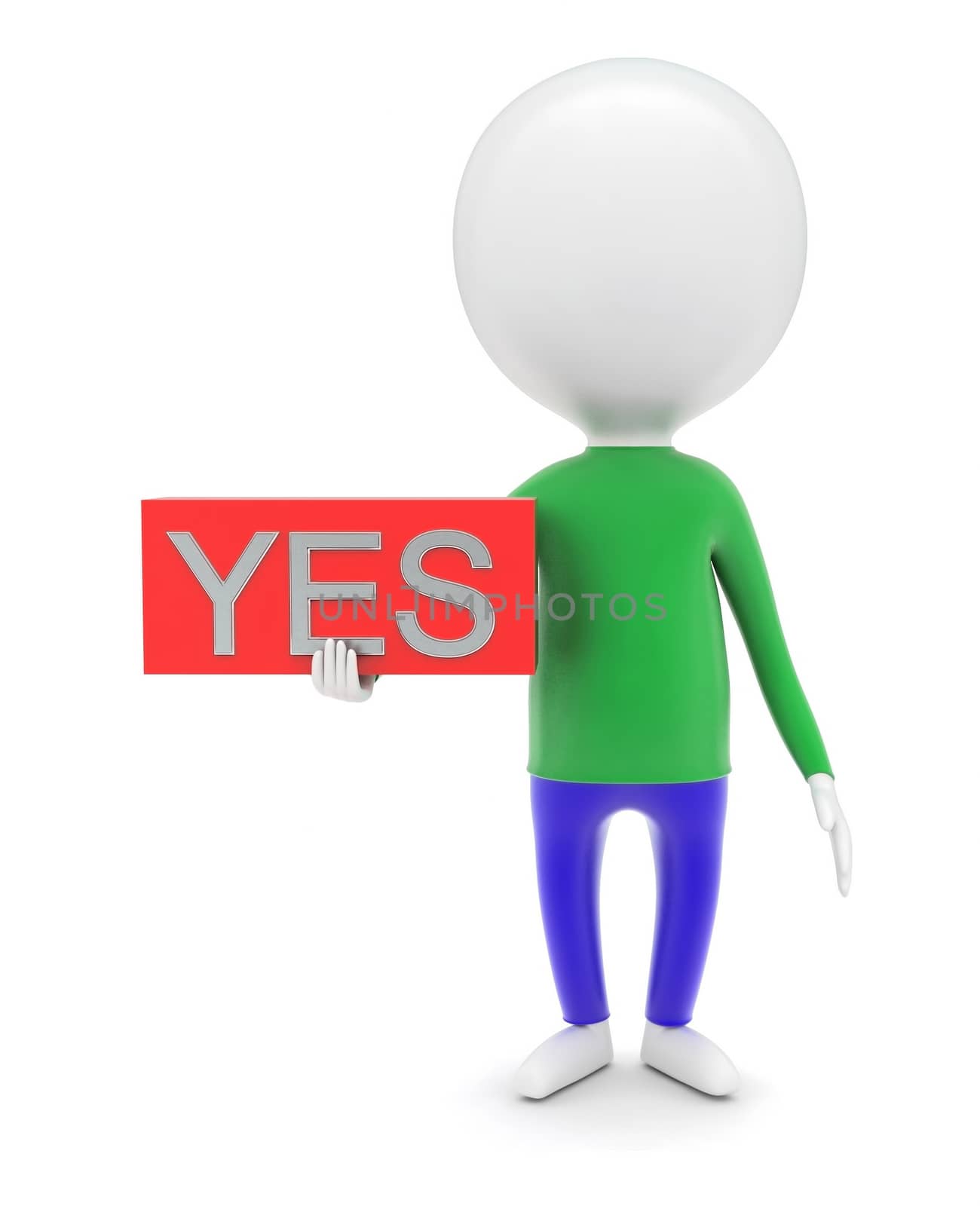 3d man holding yes text in a box in hands concept in white isolated background - 3d rendering , front angle view