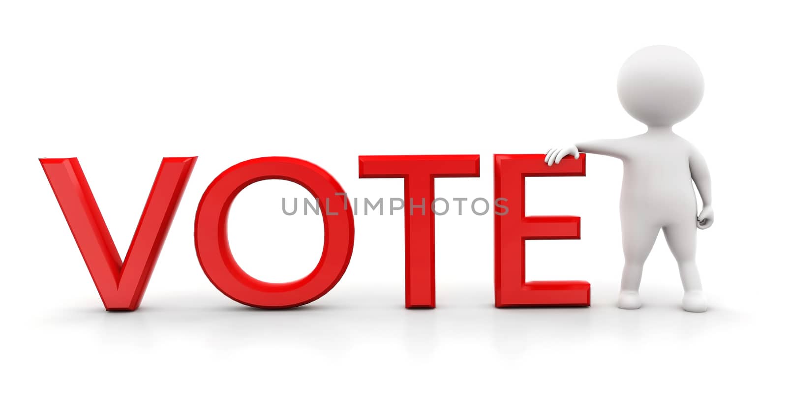 3d man presenting "vote" text concept on white background , front angle view