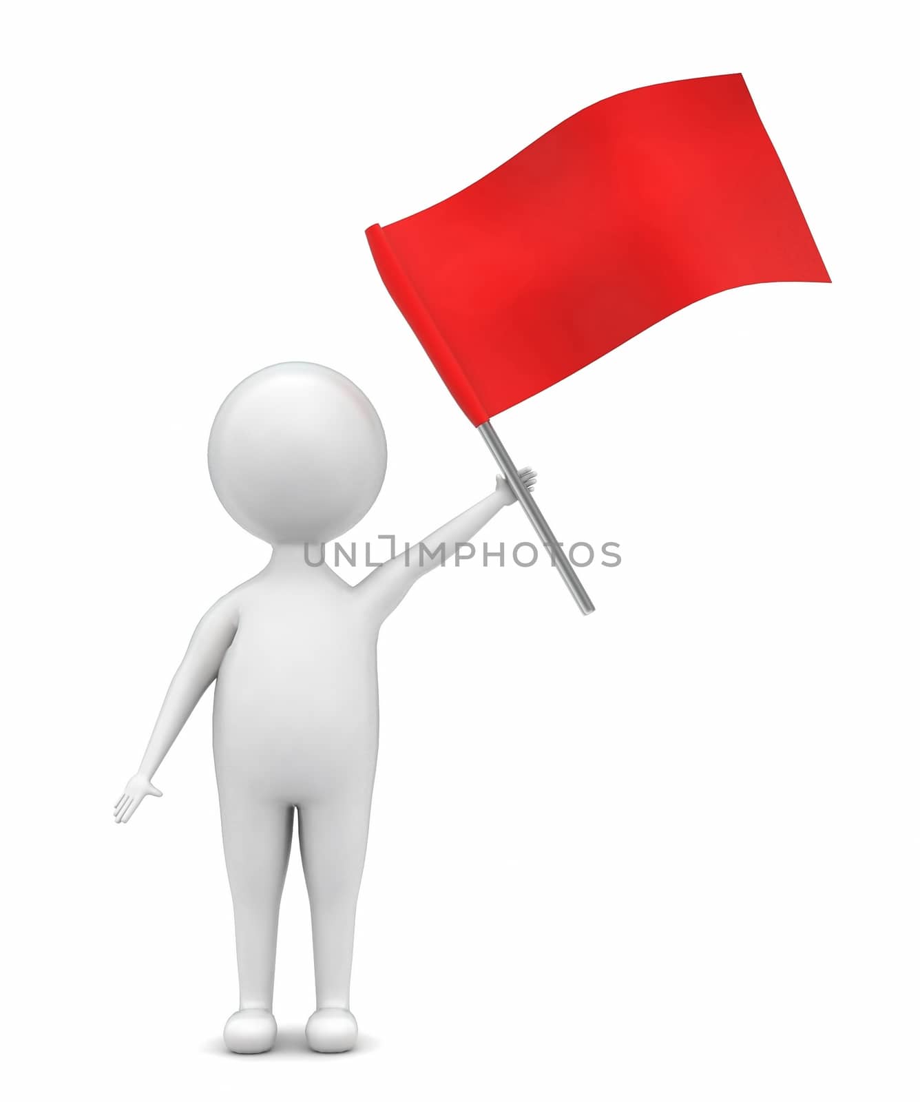 3d man holding a red flag in hands concept in white isolated background - 3d rendering , front angle view