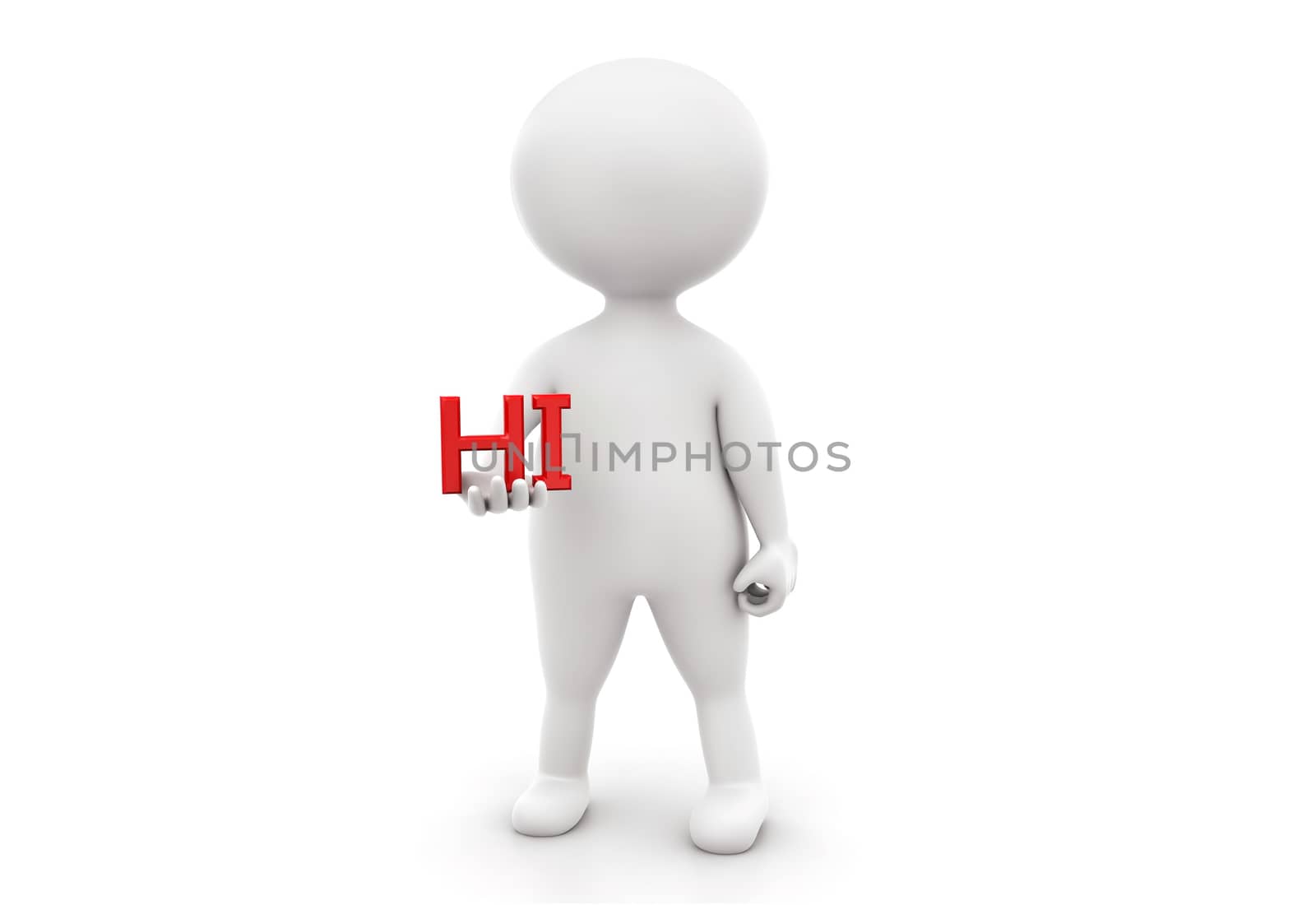 3d man presenting hi text concept on white isolated background ,front angle view