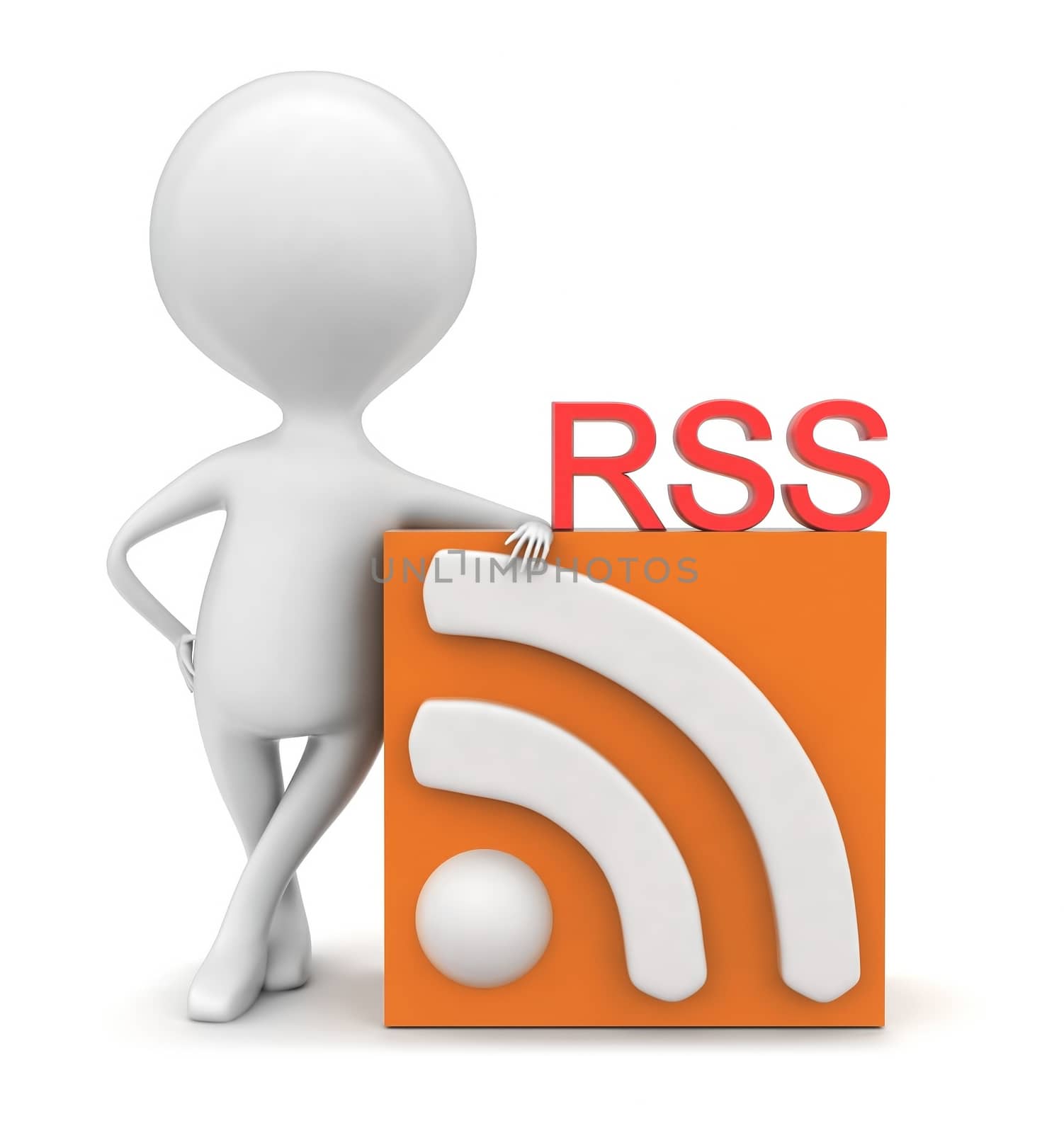3d man presenting rss feed concept in white isolated background , front angle view