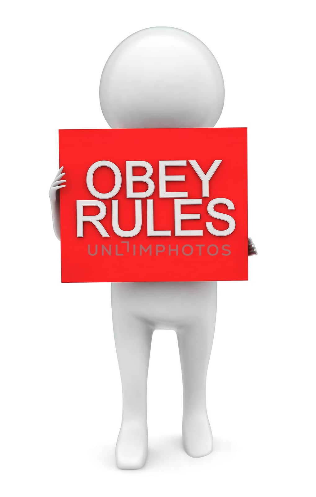 3d man presenting obey rules text projected on a box concept in white isolated background - 3d rendering , front angle view