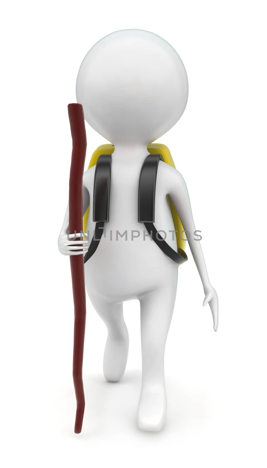 3d man trekking wearing bag concept in white isolated background - 3d rendering , front angle view