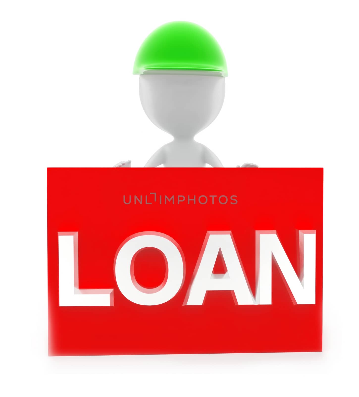 3d man presenting loan text concept in white background, front angle view