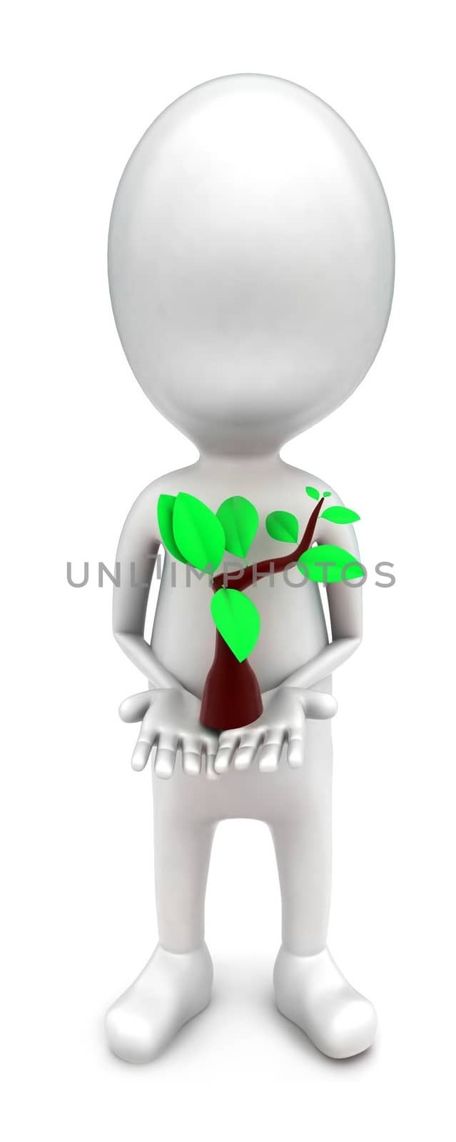 3d man presenting a small plant on his hands concept in white isolated background - 3d rendering , front angle view