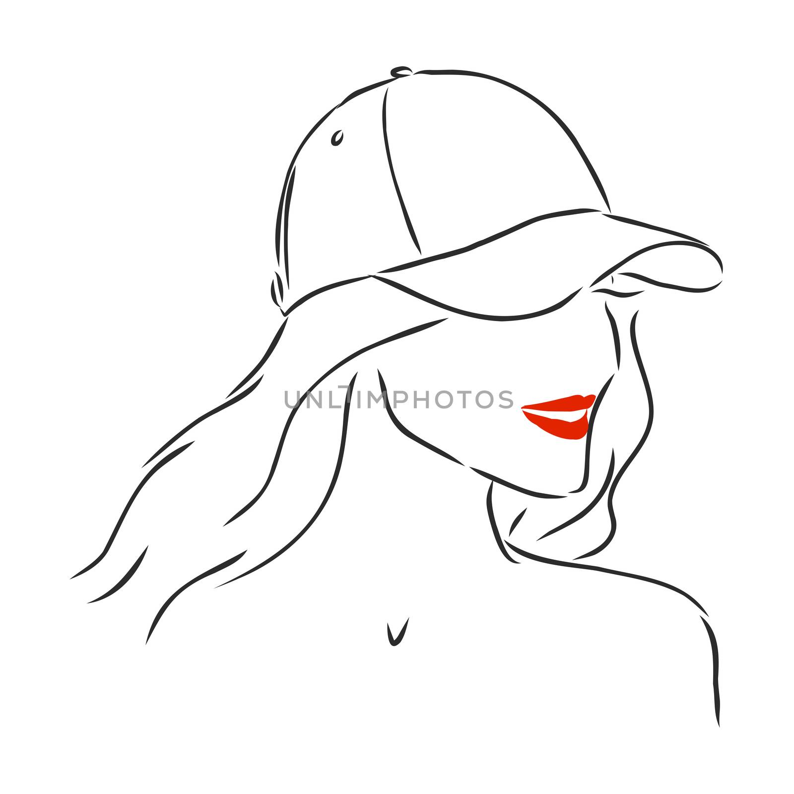 Isolated vector illustration. Pretty girl in a cap. Closeup female portrait. Hand drawn linear doodle sketch. Black silhouette on white background. beautiful girl in a cap, vector sketch illustration by ekaterina