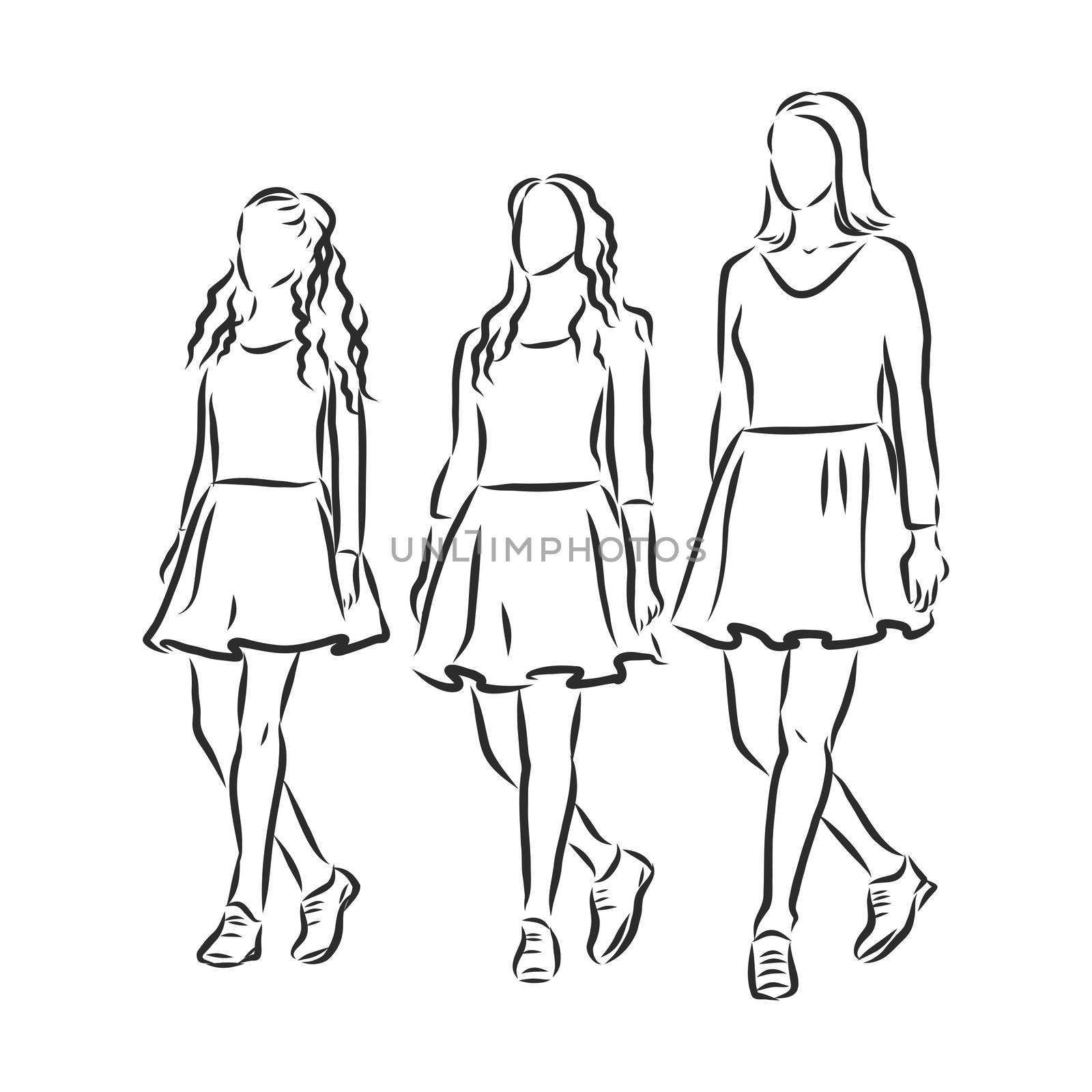 Irish Dance Troupe Jumping Together in Traditional Dresses and Ghillies. Irish dancing vector sketch illustration by ekaterina
